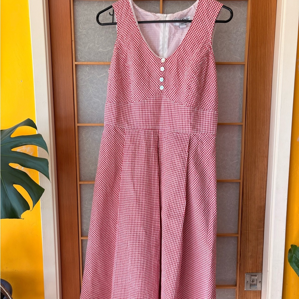 Vintage NorthStyle Red Gingham Midi Dress with Button Front